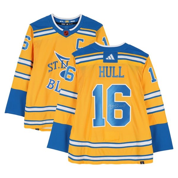 Brett Hull St. Louis Blues Autographed Fanatics Authentic 2022 - 23 Gold Reverse Retro adidas Jersey - The Ballers Bank