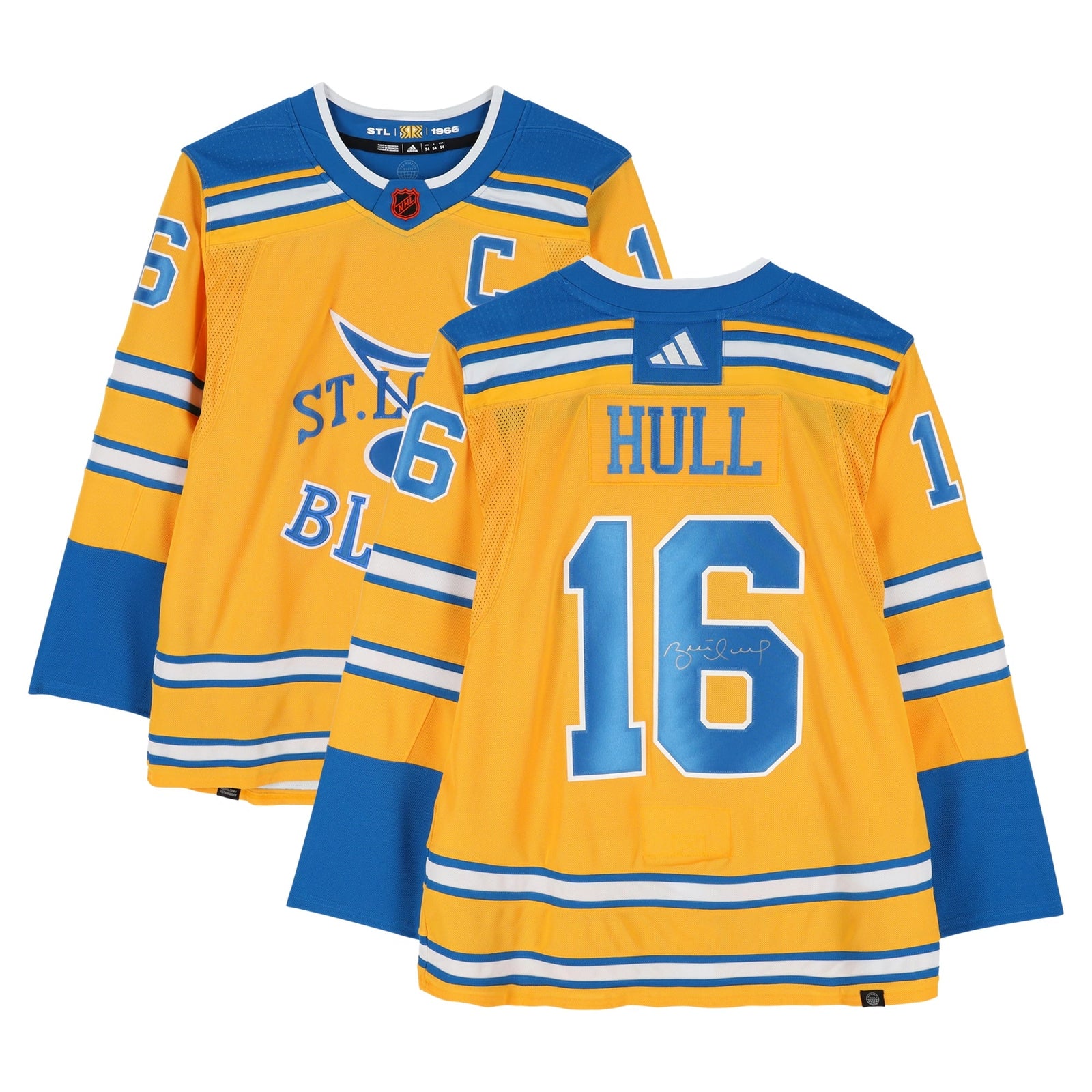 Brett Hull St. Louis Blues Autographed Fanatics Authentic 2022 - 23 Gold Reverse Retro adidas Jersey - The Ballers Bank
