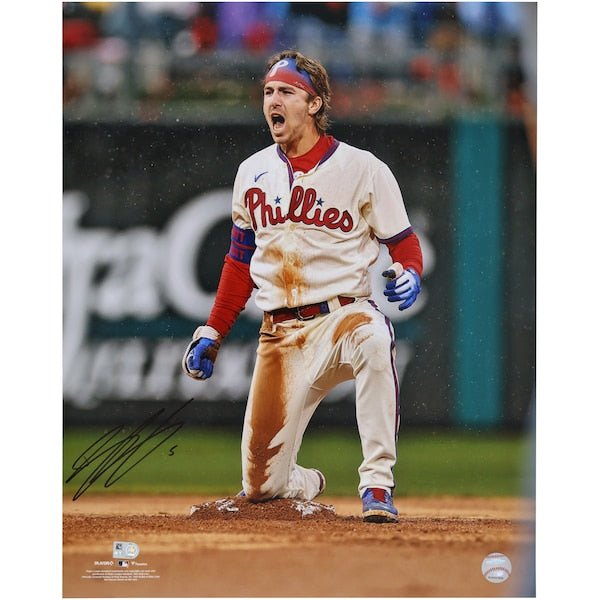 Bryson Stott Philadelphia Phillies Autographed Fanatics Authentic 16" x 20" Stolen Base Celebration Photograph - The Ballers Bank