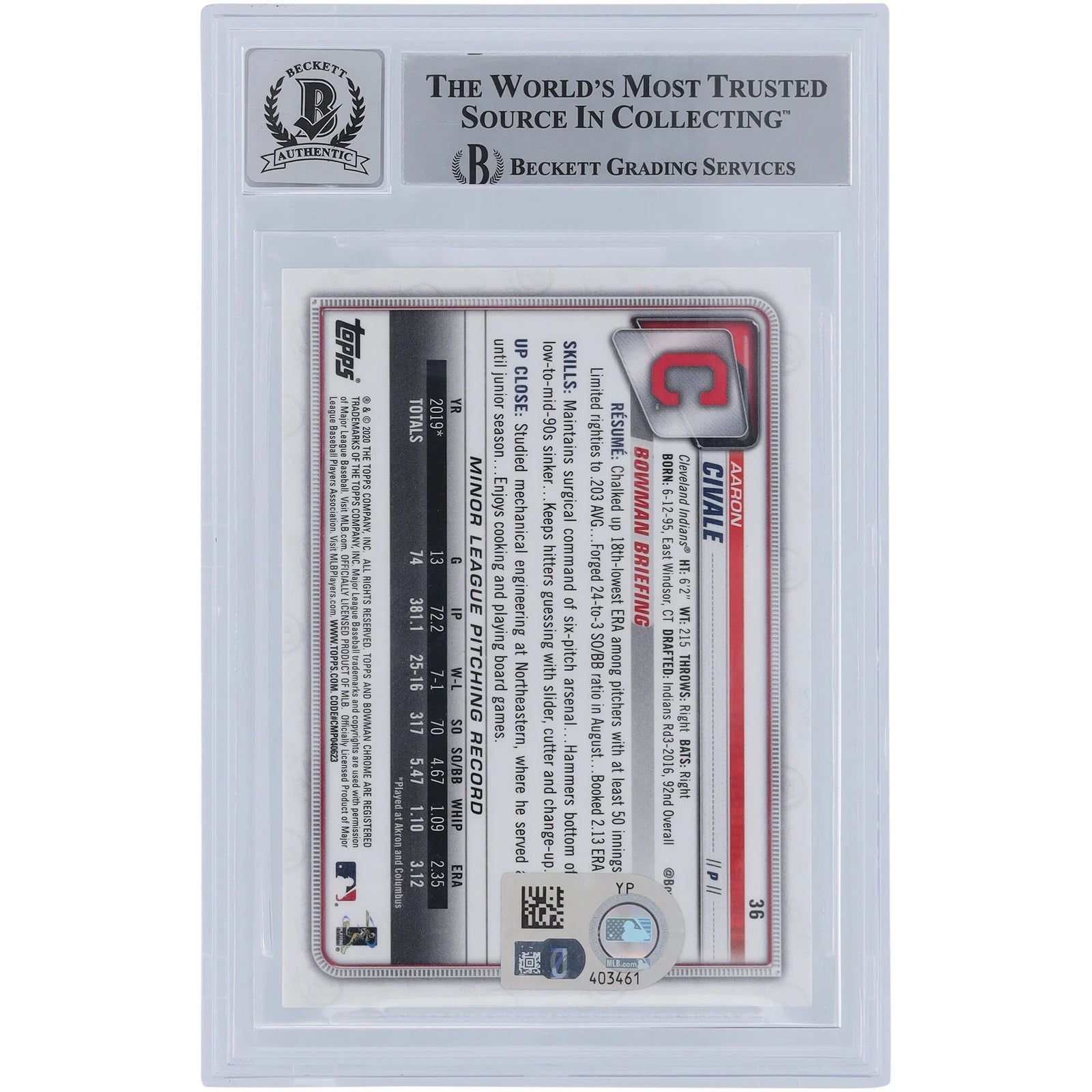 Aaron Civale Signed 2020 Bowman Chrome #36 Rookie Card | Graded 9