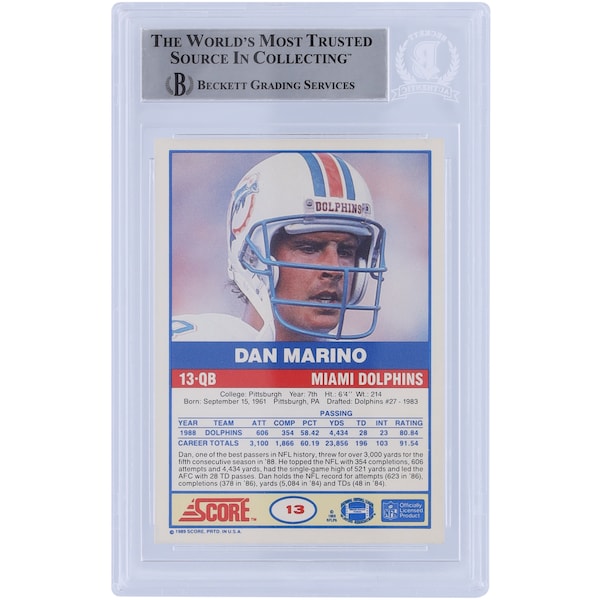 Dan Marino Miami Dolphins Autographed 1989 Score #13 Beckett Fanatics Witnessed Authenticated Card