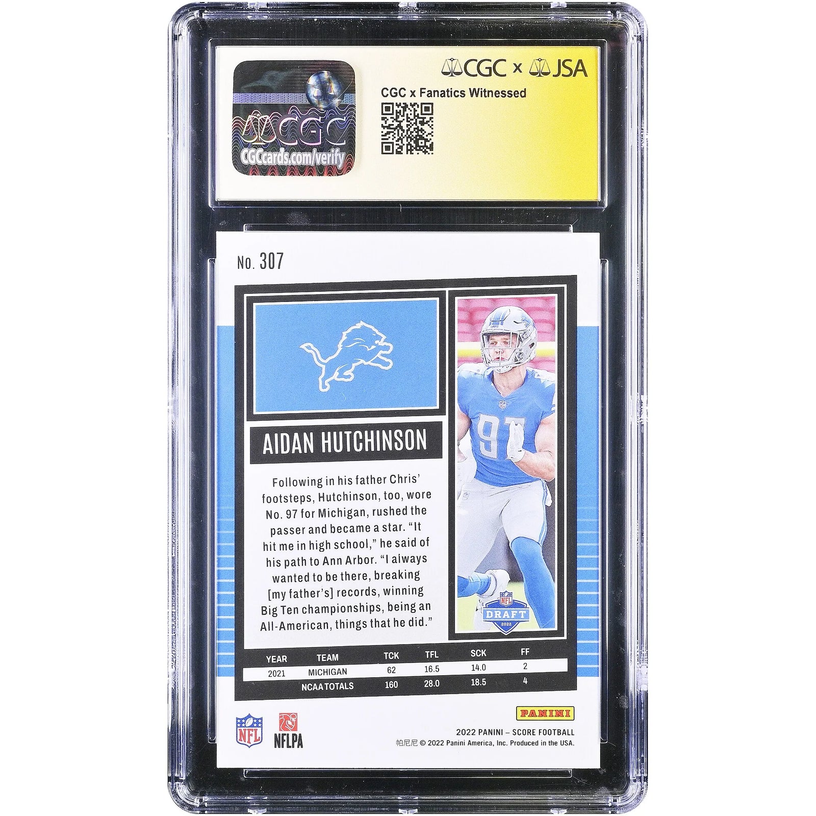 Aidan Hutchinson Signed 2022 Panini Score #307 Rookie Card | CGC 9