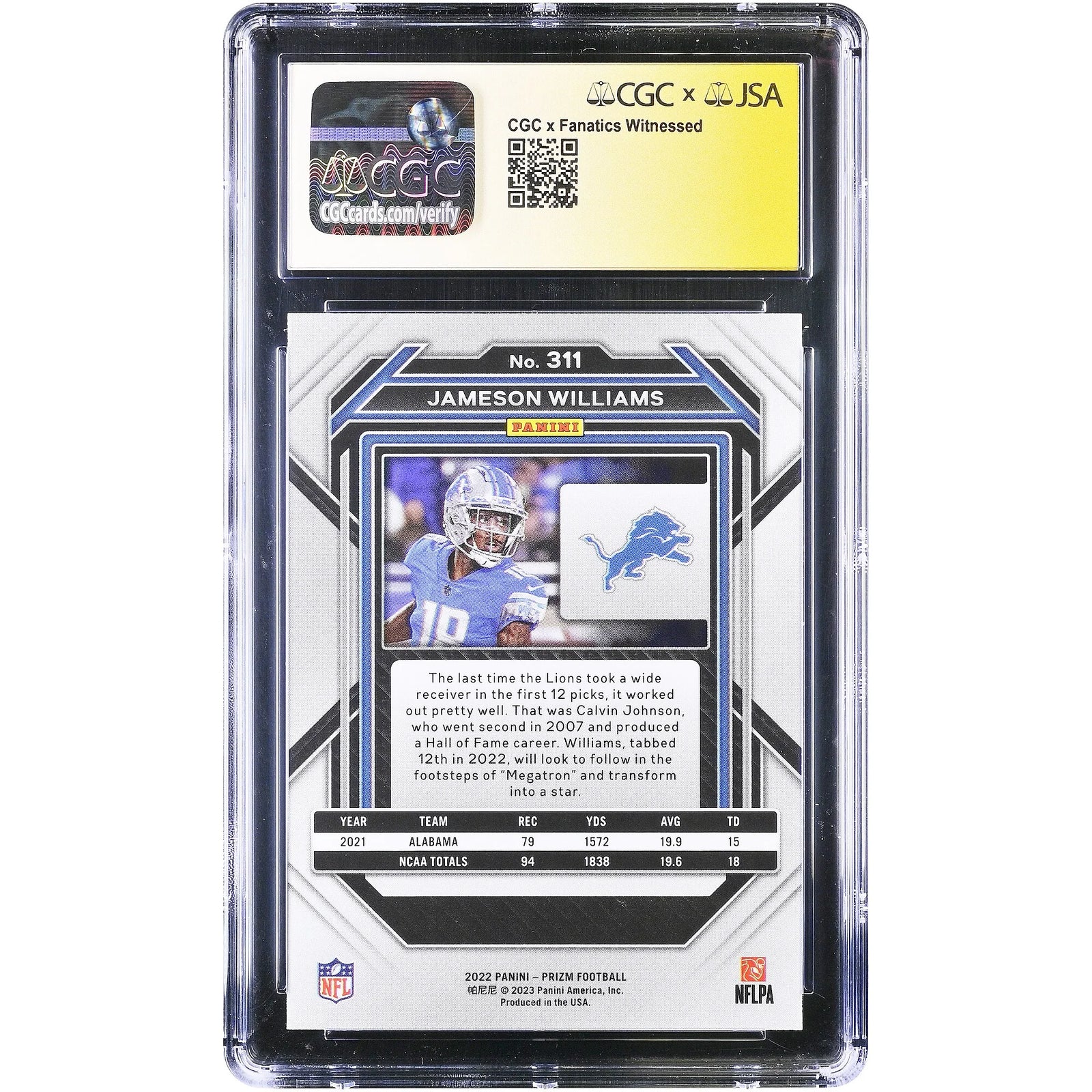 Jameson Williams Signed 2022 Panini Prizm #311 Rookie Card | CGC 9/10