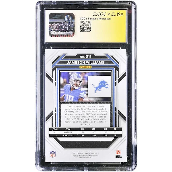 Jameson Williams Signed 2022 Panini Prizm #311 Rookie Card | CGC 9.5