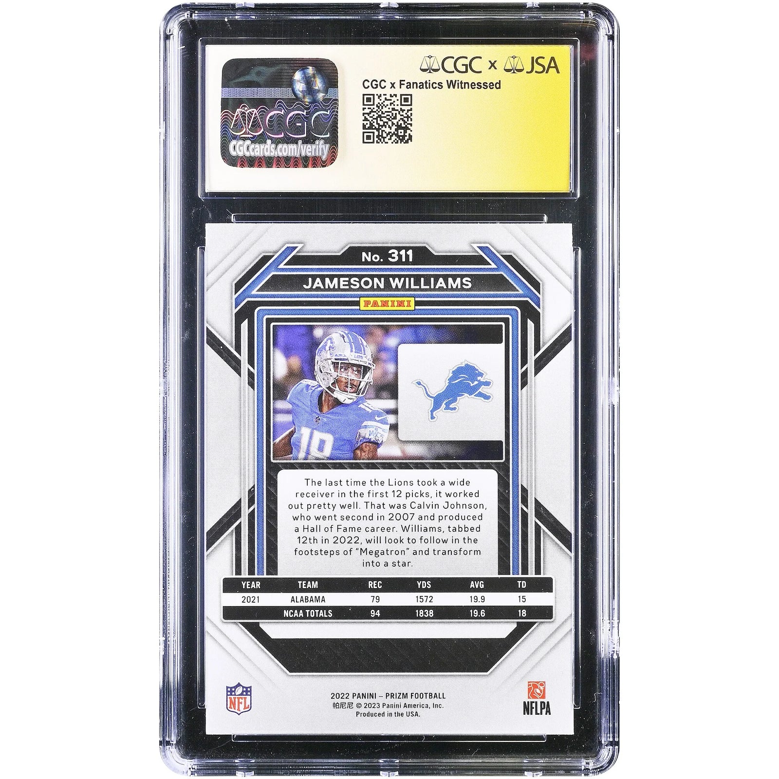 Jameson Williams Signed 2022 Panini Prizm #311 Rookie Card | CGC 9.5