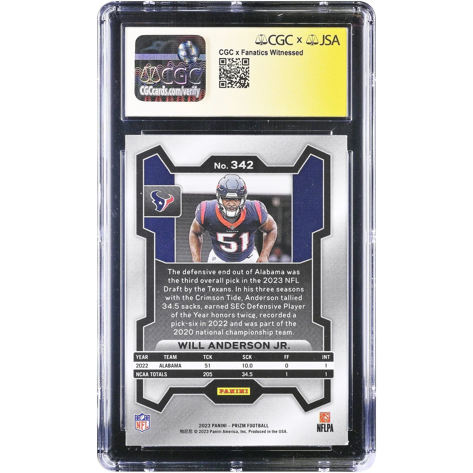 Will Anderson Jr. Signed 2023 Panini Prizm #342 Rookie Card | CGC Authenticated 9
