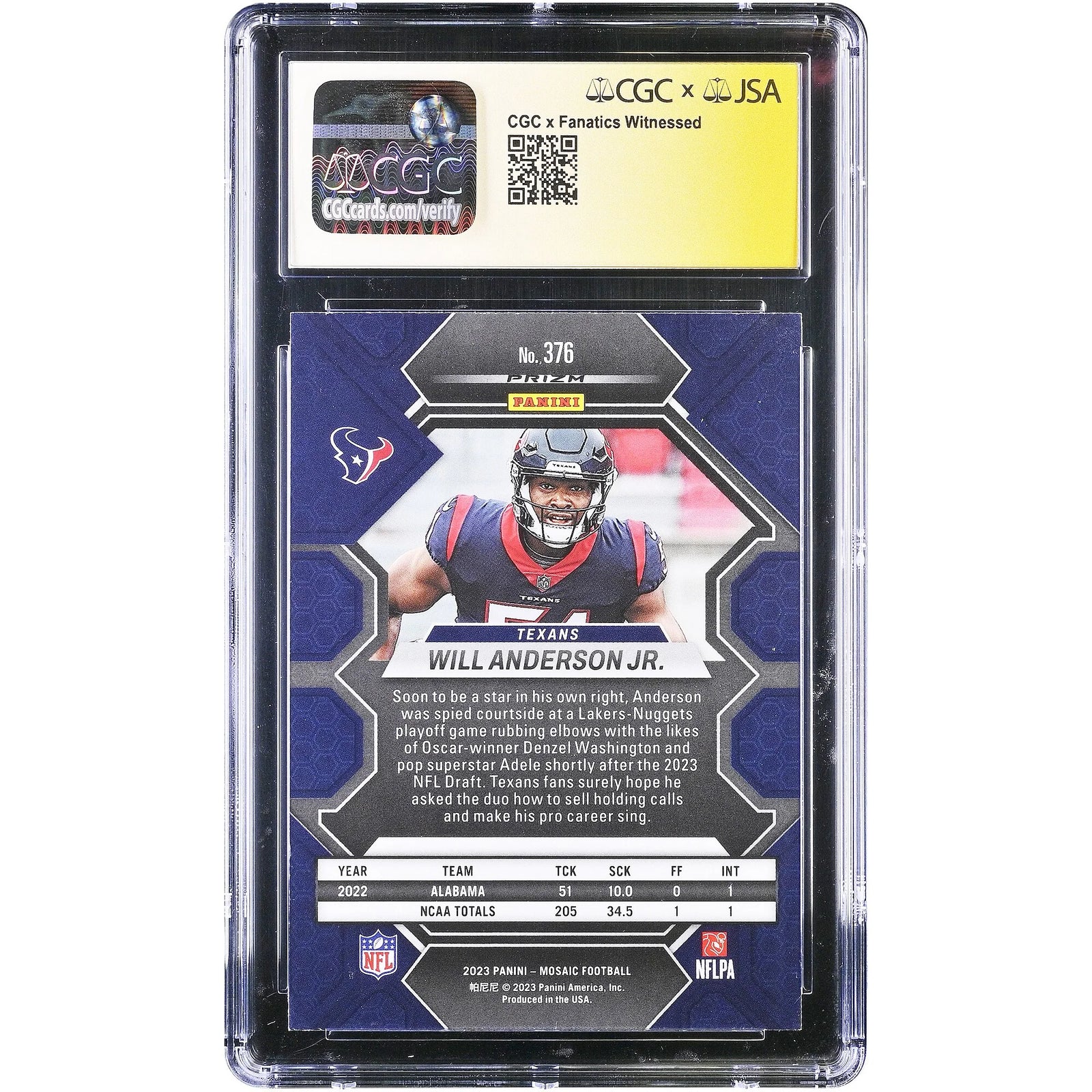 Will Anderson Jr. Signed 2023 Panini Mosaic #376 Rookie Card | CGC 9.5