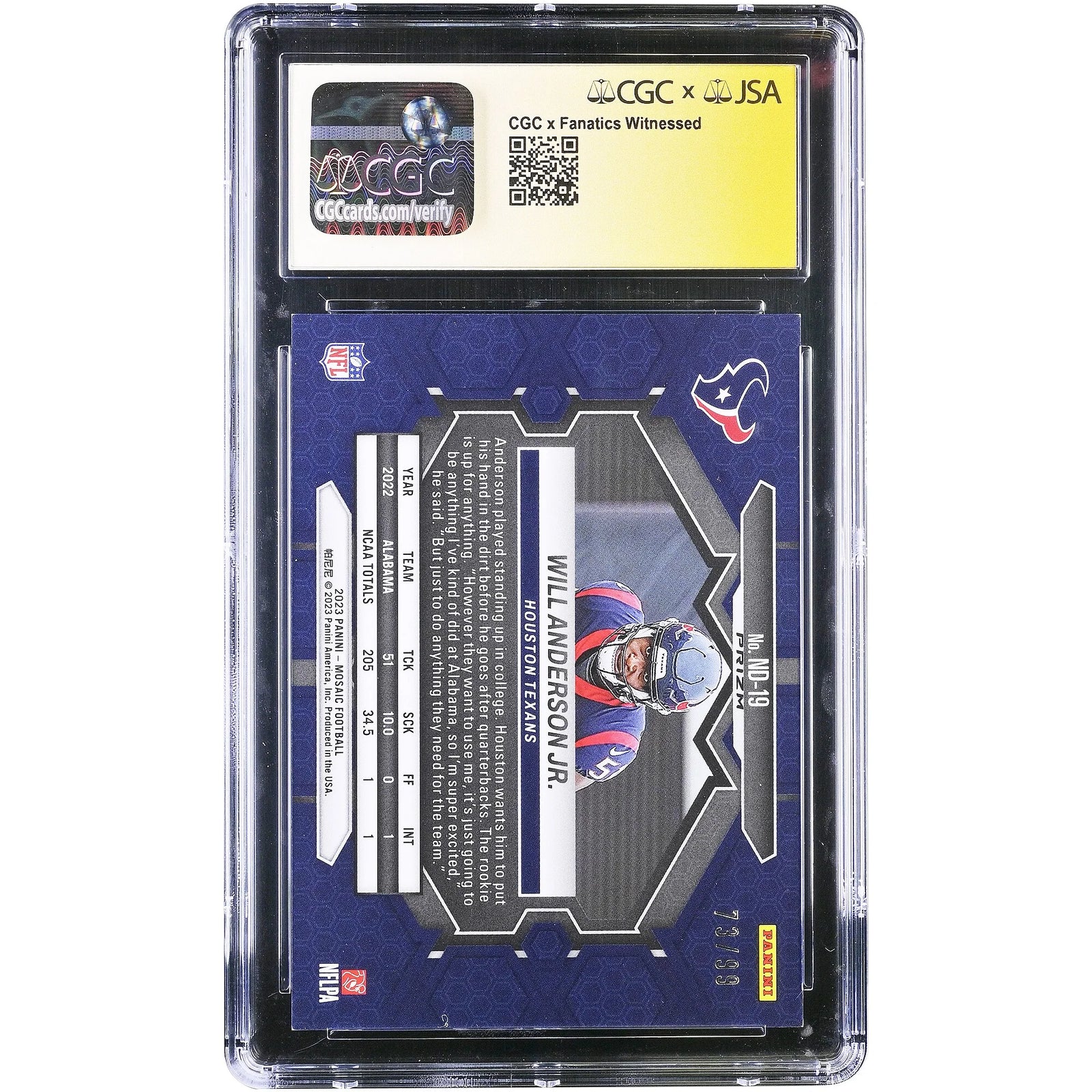Will Anderson Jr. Signed 2023 Panini Mosaic Rookie Card | CGC 9.5
