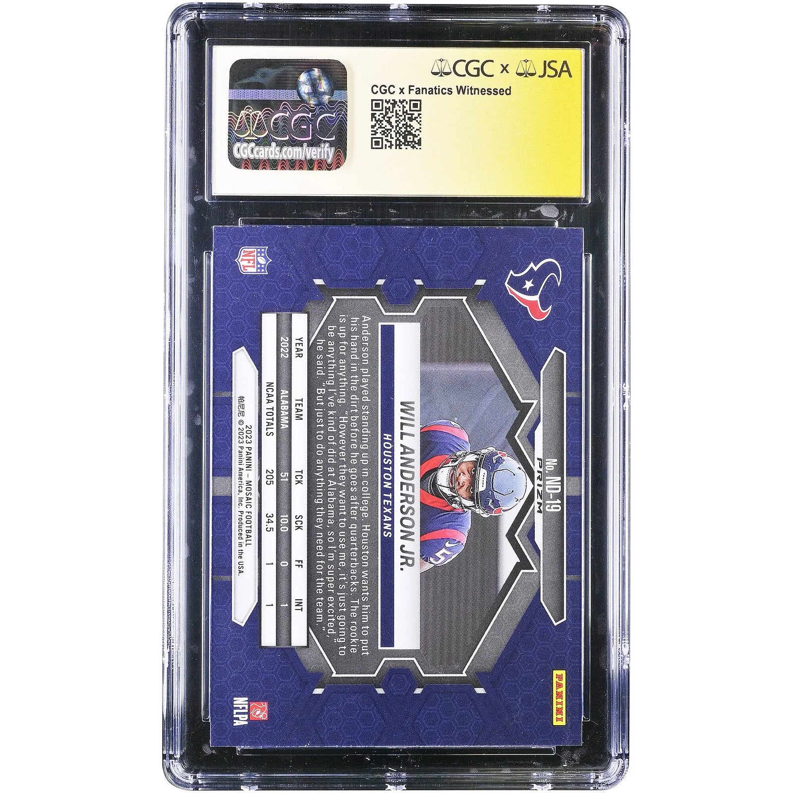Will Anderson Jr. Signed 2023 Panini Mosaic Rookie Card | CGC Authenticated Mint 9