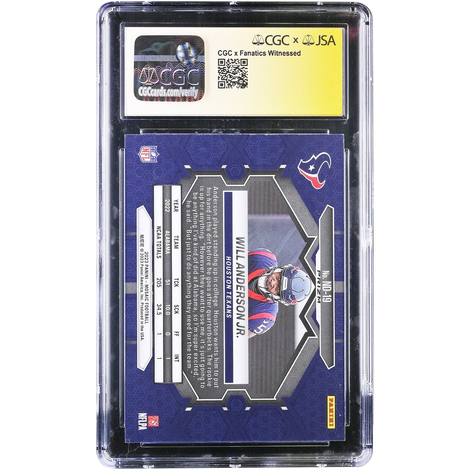 Will Anderson Jr Signed 2023 Panini Mosaic Rookie Card | CGC Authenticated 9.5