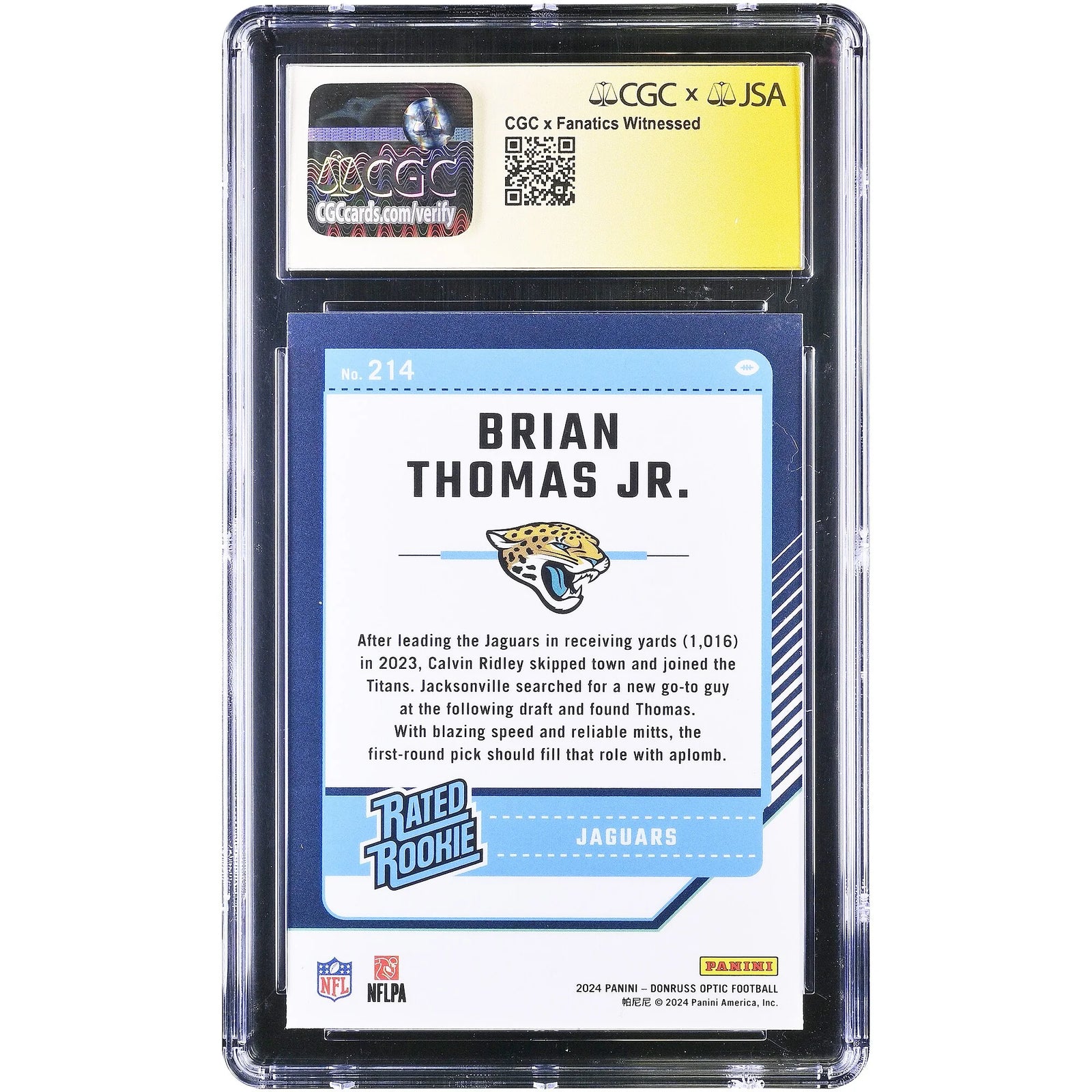 Brian Thomas Jr. Signed 2024 Panini Donruss Optic Rookie Card #214 | CGC 9/10