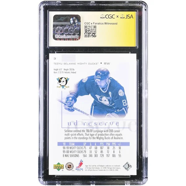 Teemu Selanne Signed 2000-01 Upper Deck Reserve #3 Card | CGC Graded 10