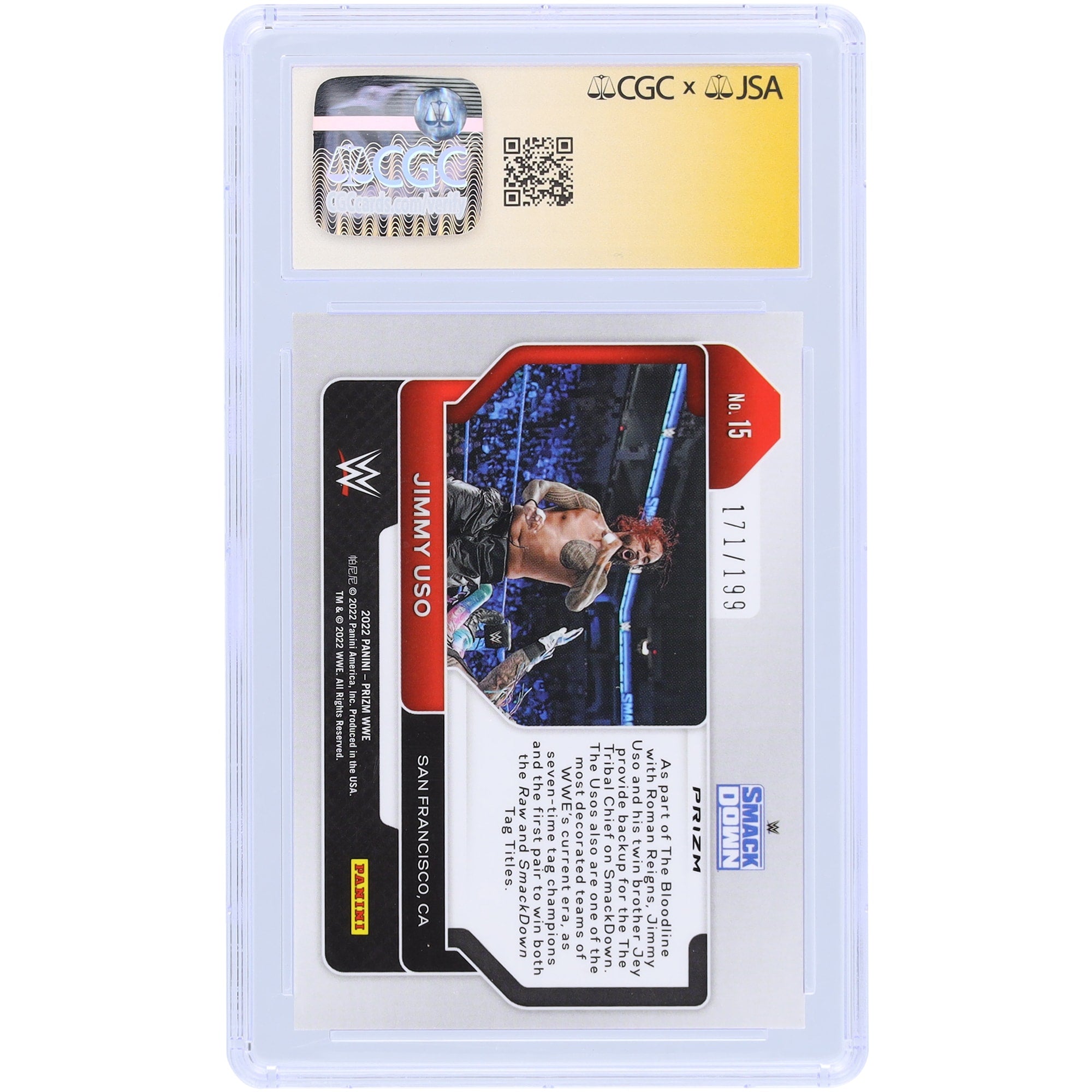 Jimmy Uso WWE Autographed 2022 Panini Prizm Premium Box Set #15 #/199 CGC Authenticated Auto 10 Card