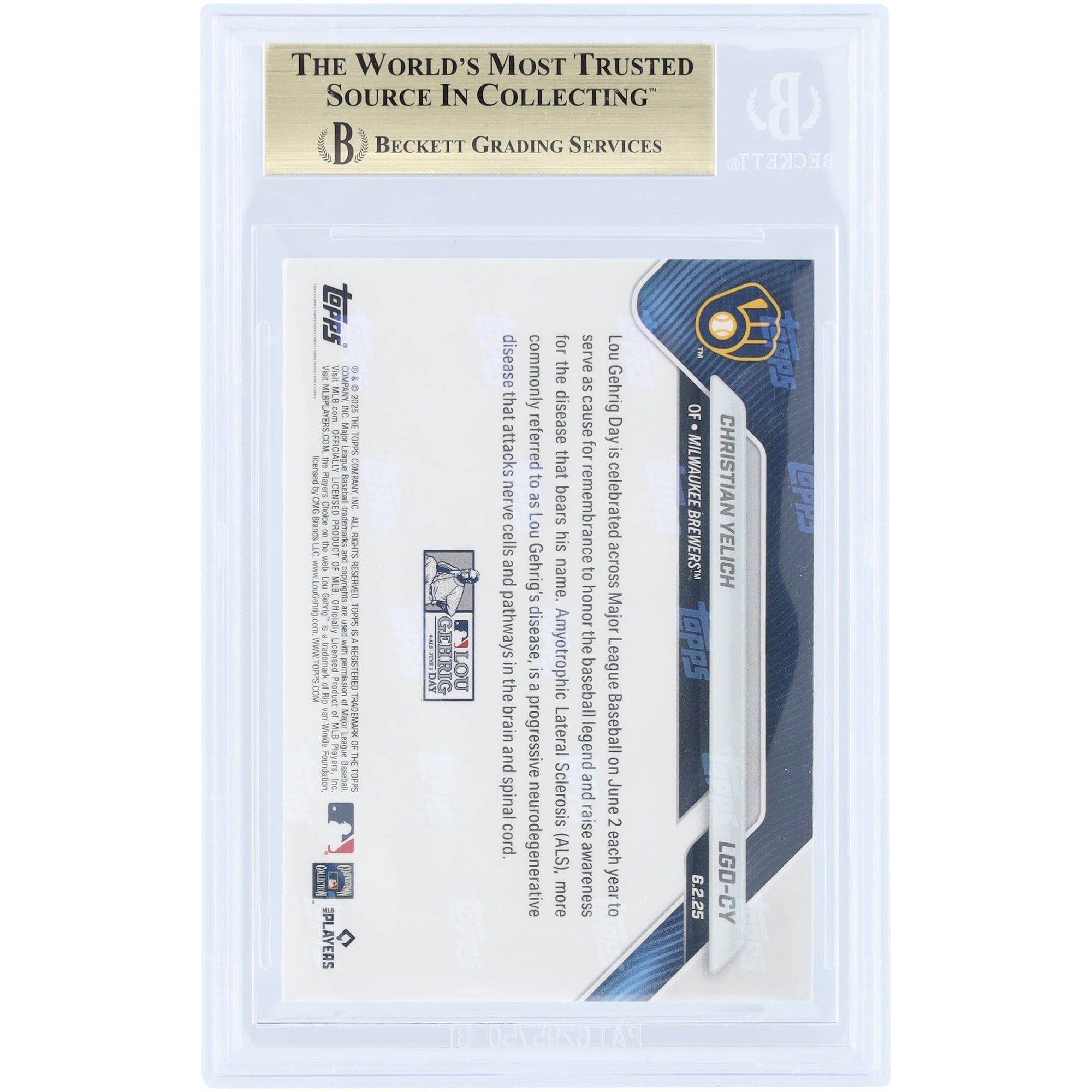Christian Yelich Milwaukee Brewers 2025 Topps Now Lou Gehrig Day #LGD-CY BGS Authenticated 9.5 Card