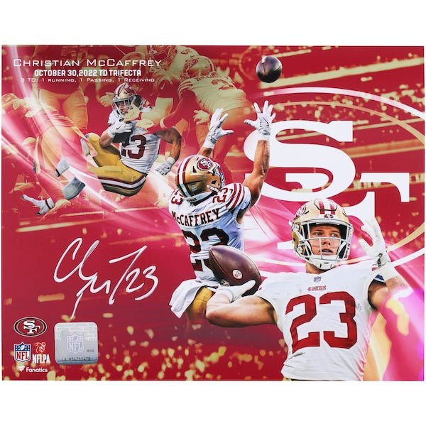 Christian McCaffrey San Francisco 49ers Autographed Fanatics Authentic 8" x 10" TD Trifecta Collage Photograph - The Ballers Bank