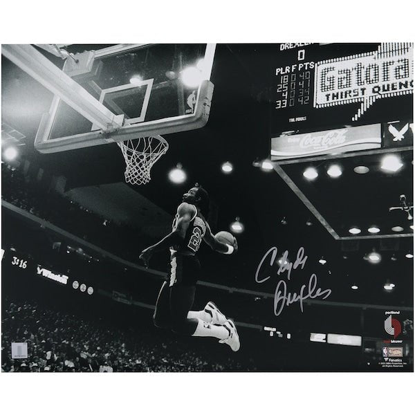 Clyde Drexler Portland Trail Blazers Autographed Fanatics Authentic 16" x 20" Black & White Dunk Photograph - The Ballers Bank