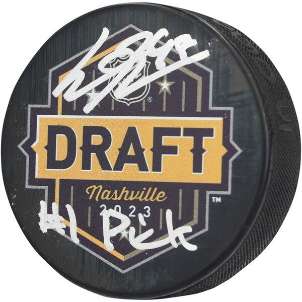 Connor Bedard Chicago Blackhawks Autographed Fanatics Authentic 2023 NHL Draft Hockey Puck with "1 Pick" Inscription - The Ballers Bank
