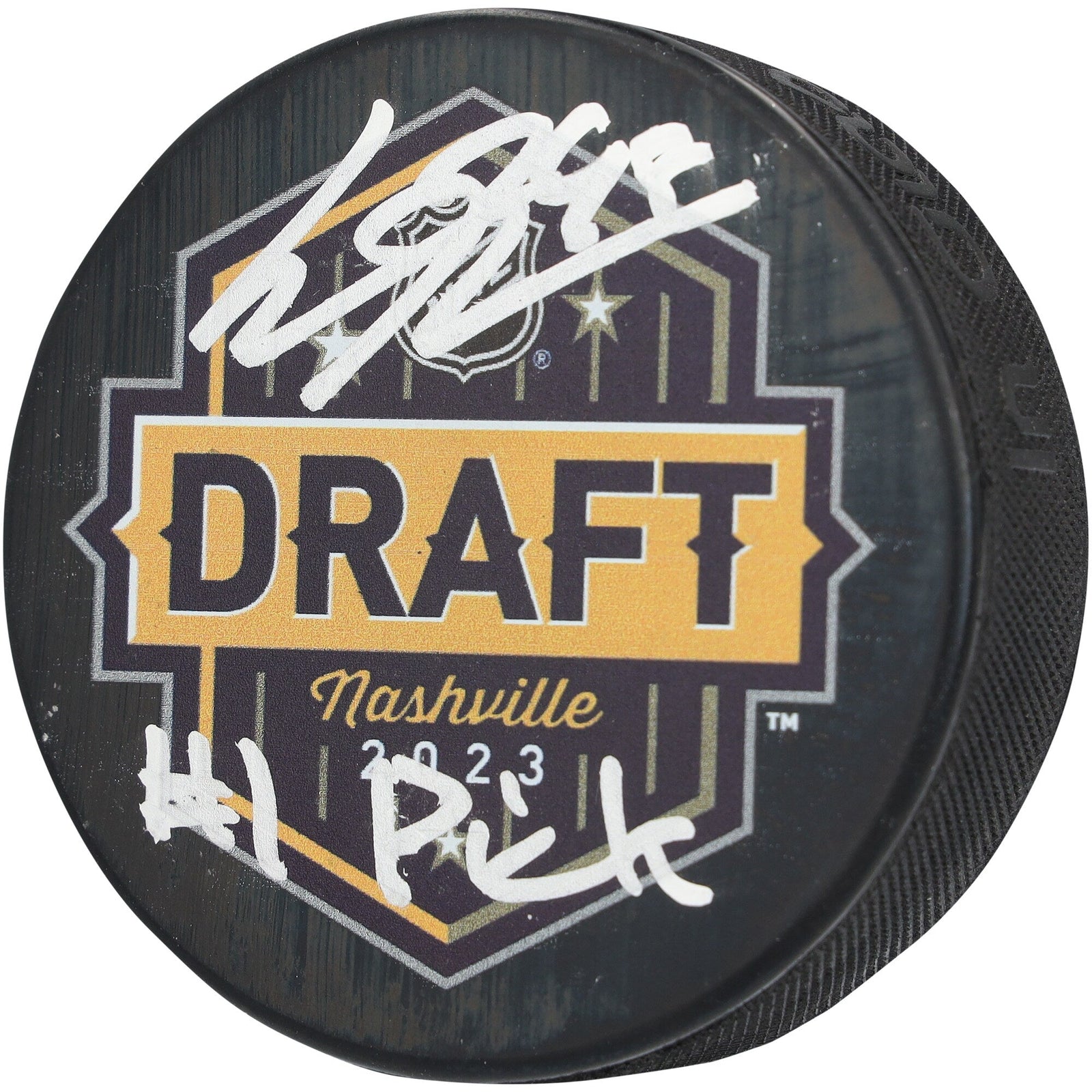 Connor Bedard Chicago Blackhawks Autographed Fanatics Authentic 2023 NHL Draft Hockey Puck with "1 Pick" Inscription - The Ballers Bank