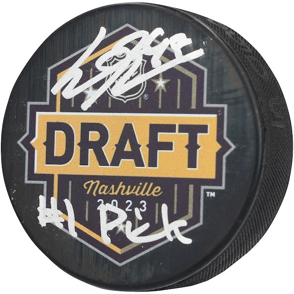 Connor Bedard Chicago Blackhawks Autographed Fanatics Authentic 2023 NHL Draft Hockey Puck with "1 Pick" Inscription - The Ballers Bank