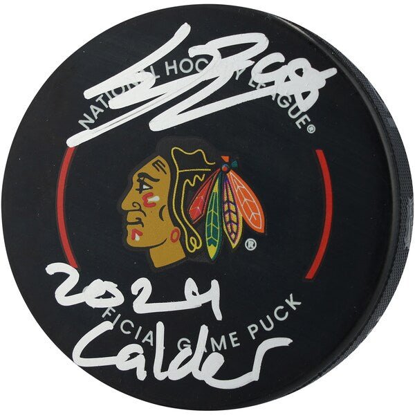 Connor Bedard Chicago Blackhawks Autographed Fanatics Authentic Official Game Puck with "2024 Calder" Inscription - The Ballers Bank