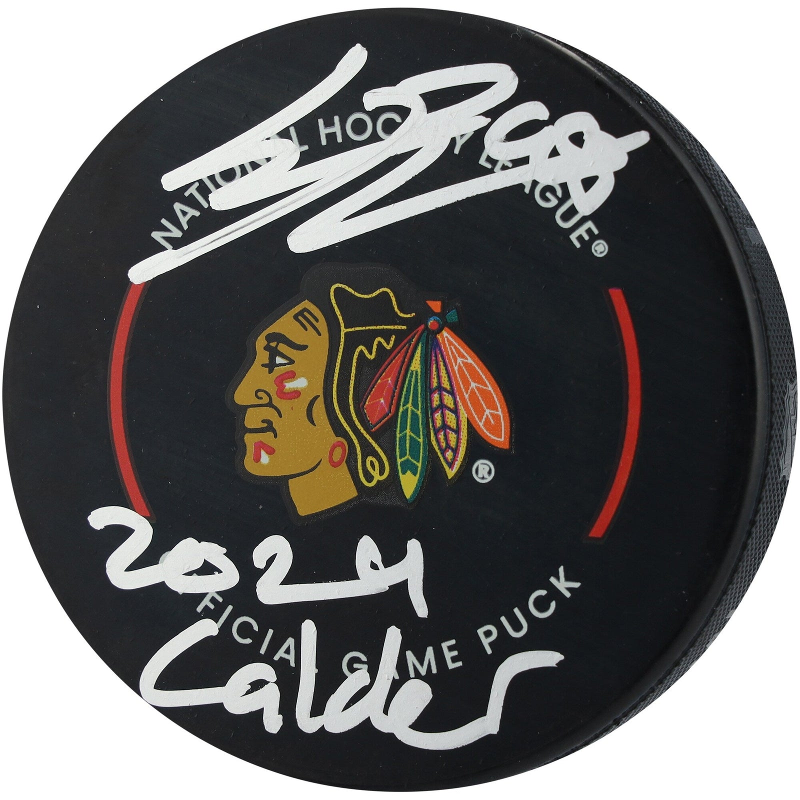 Connor Bedard Chicago Blackhawks Autographed Fanatics Authentic Official Game Puck with "2024 Calder" Inscription - The Ballers Bank