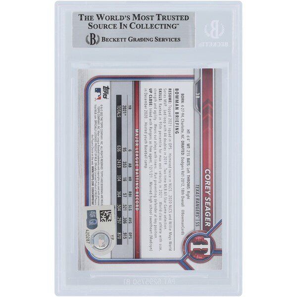 Corey Seager Texas Rangers Autographed 2022 Bowman 38 Beckett Fanatics Witnessed Authenticated Card - The Ballers Bank