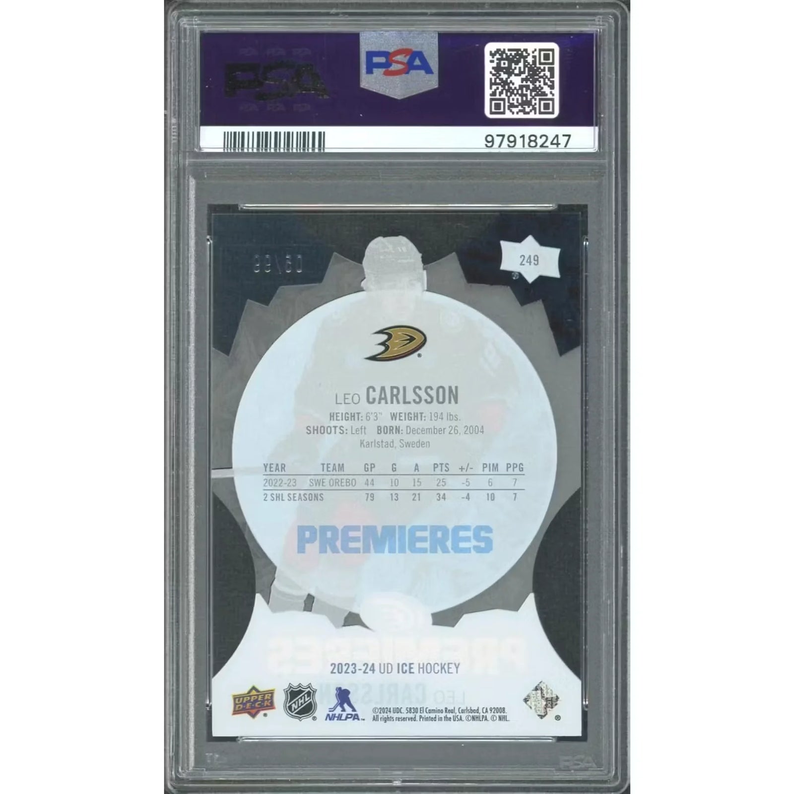 Leo Carlsson 2023-24 Upper Deck Ice Premieres Rookie Card | PSA 10