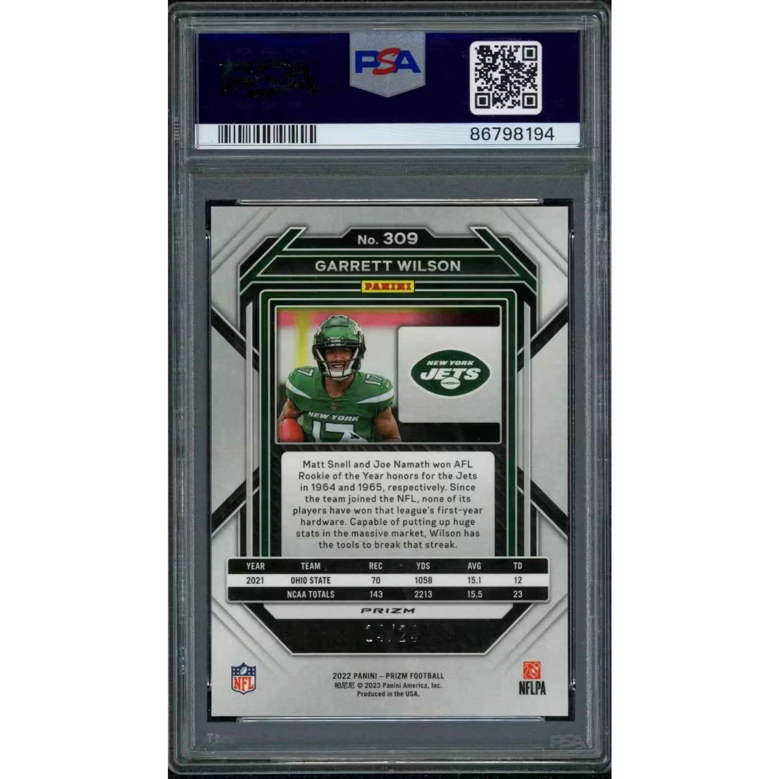 Garrett Wilson 2022 Panini Prizm Gold Sparkle #309 | PSA 10
