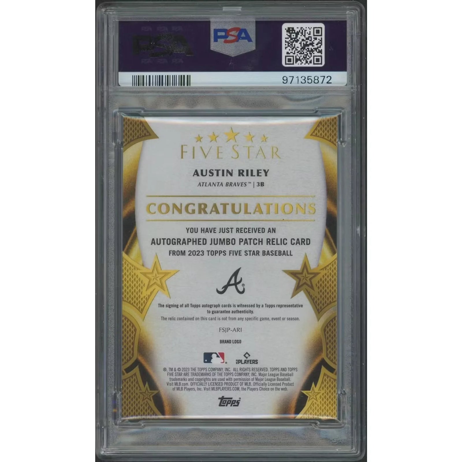 Austin Riley Signed 2023 Topps Five Star Jumbo Prime Patch Auto | PSA 9 Mint #1