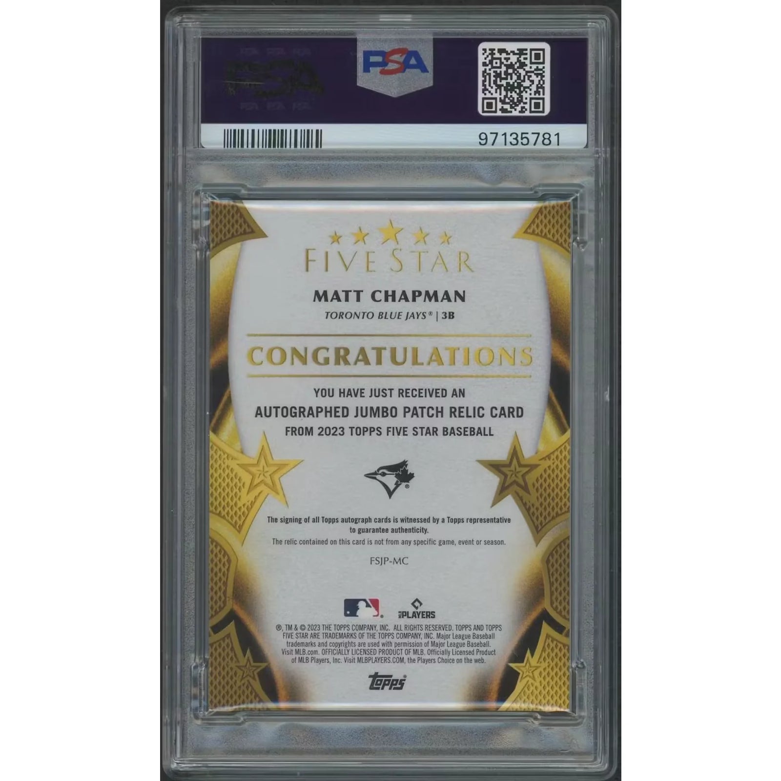 Matt Chapman Signed 2023 Topps Five Star Jumbo Patch Auto | PSA 8 NM-MT #08