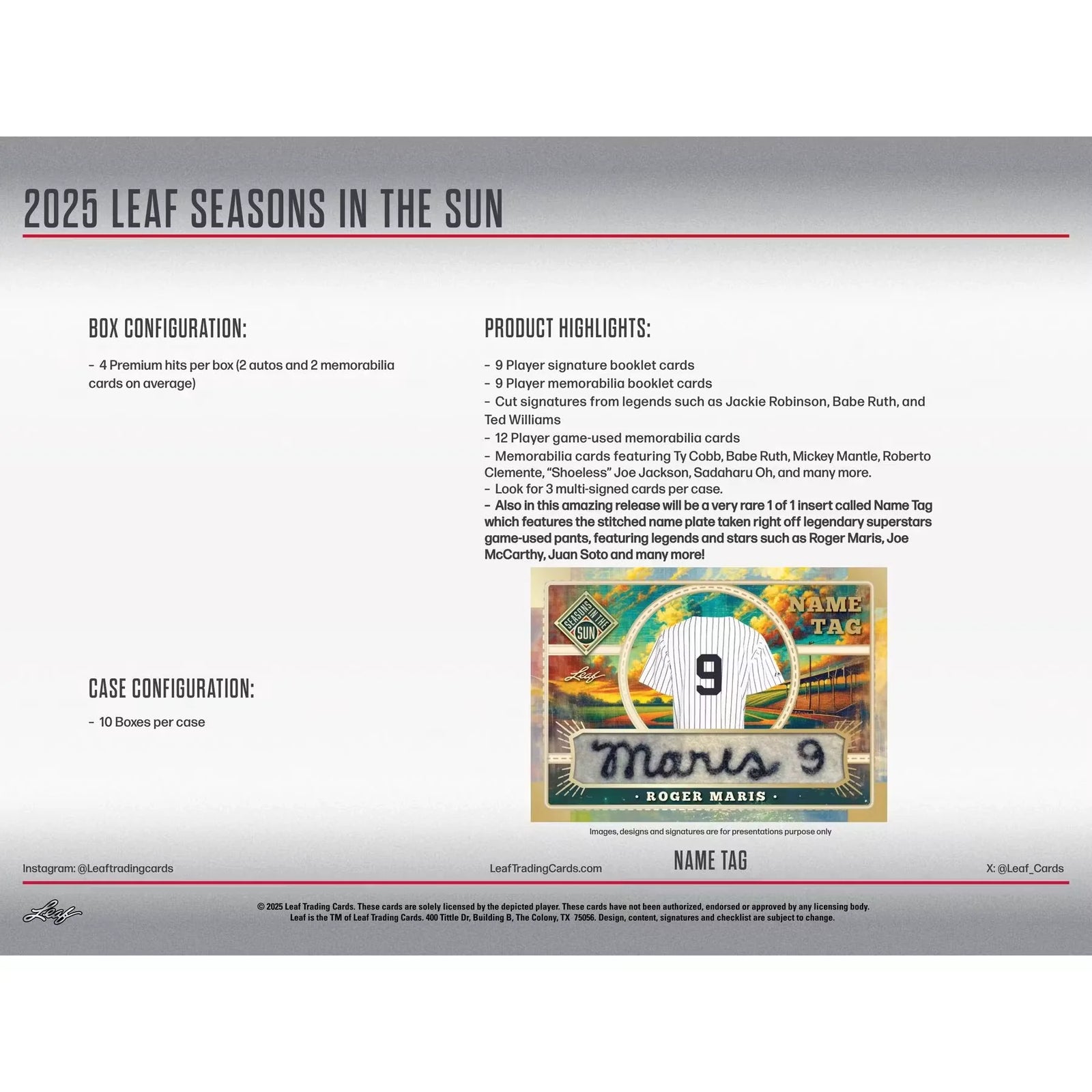 2025 Leaf Seasons in the Sun Baseball Hobby Box (Ships Sealed Only)