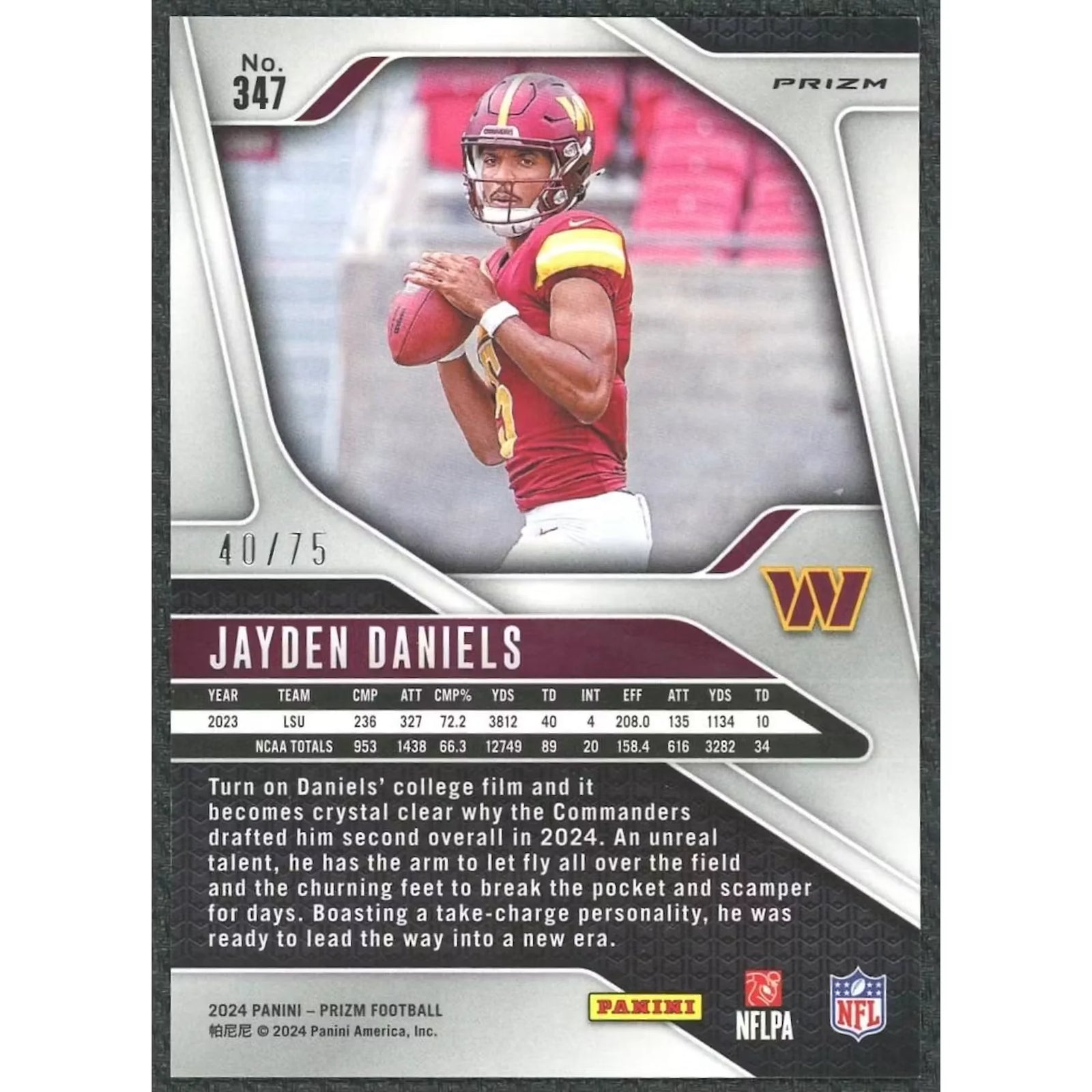 Jayden Daniels 2024 Prizm No Huddle Red Rookie Card | #D 40/75