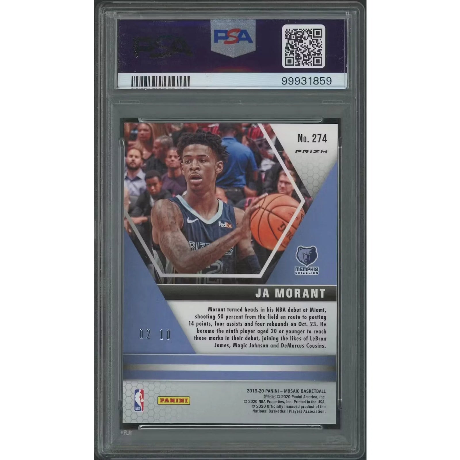 Ja Morant 2019-20 Panini Mosaic #274 Rookie Card | Green Swirl PSA 9