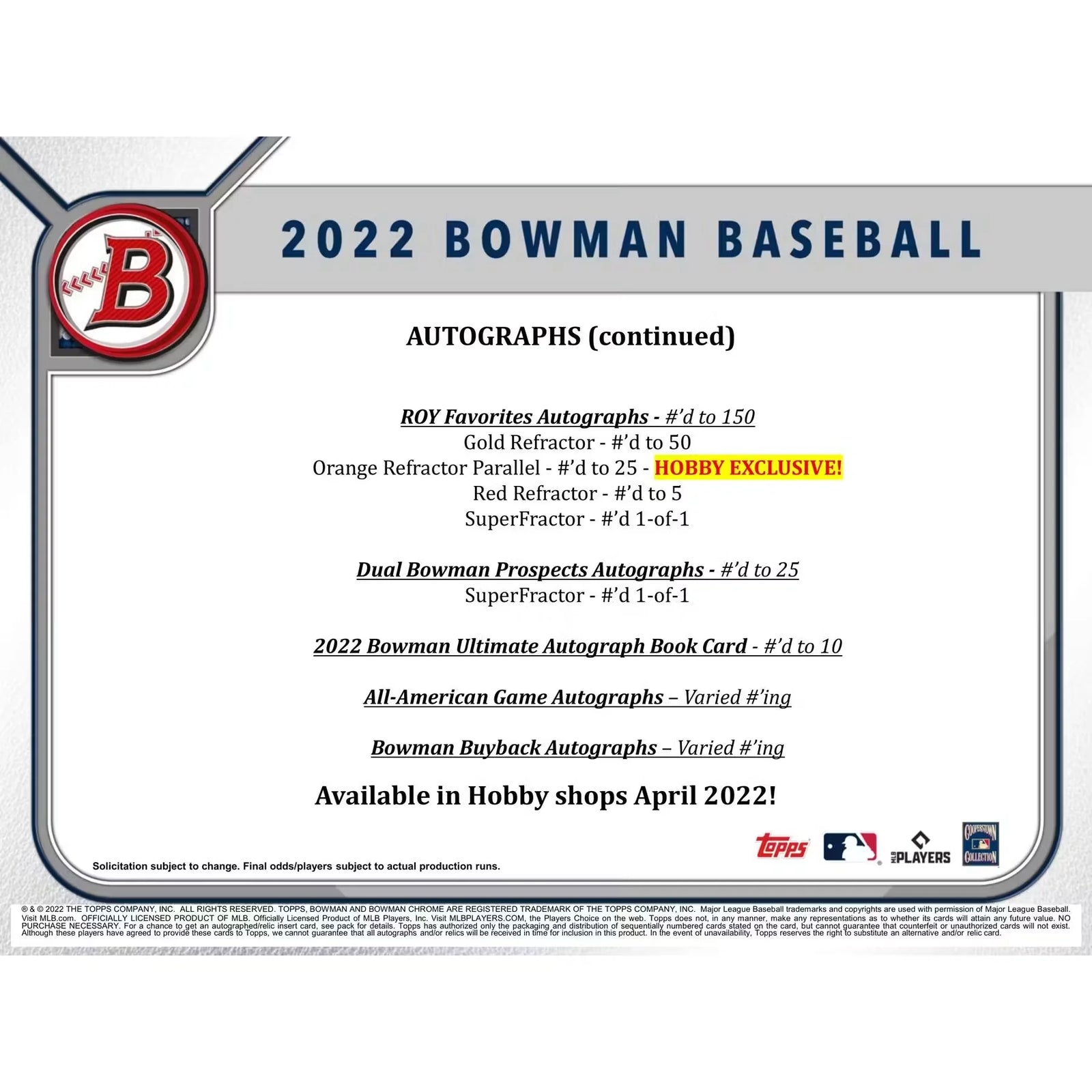 2022 Bowman Baseball Hobby 12-Box Case (Ships Sealed Only) - D