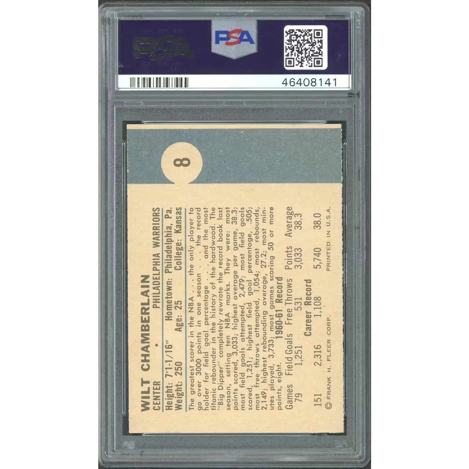 Wilt Chamberlain 1961-62 Fleer Rookie Card #8 | PSA 7
