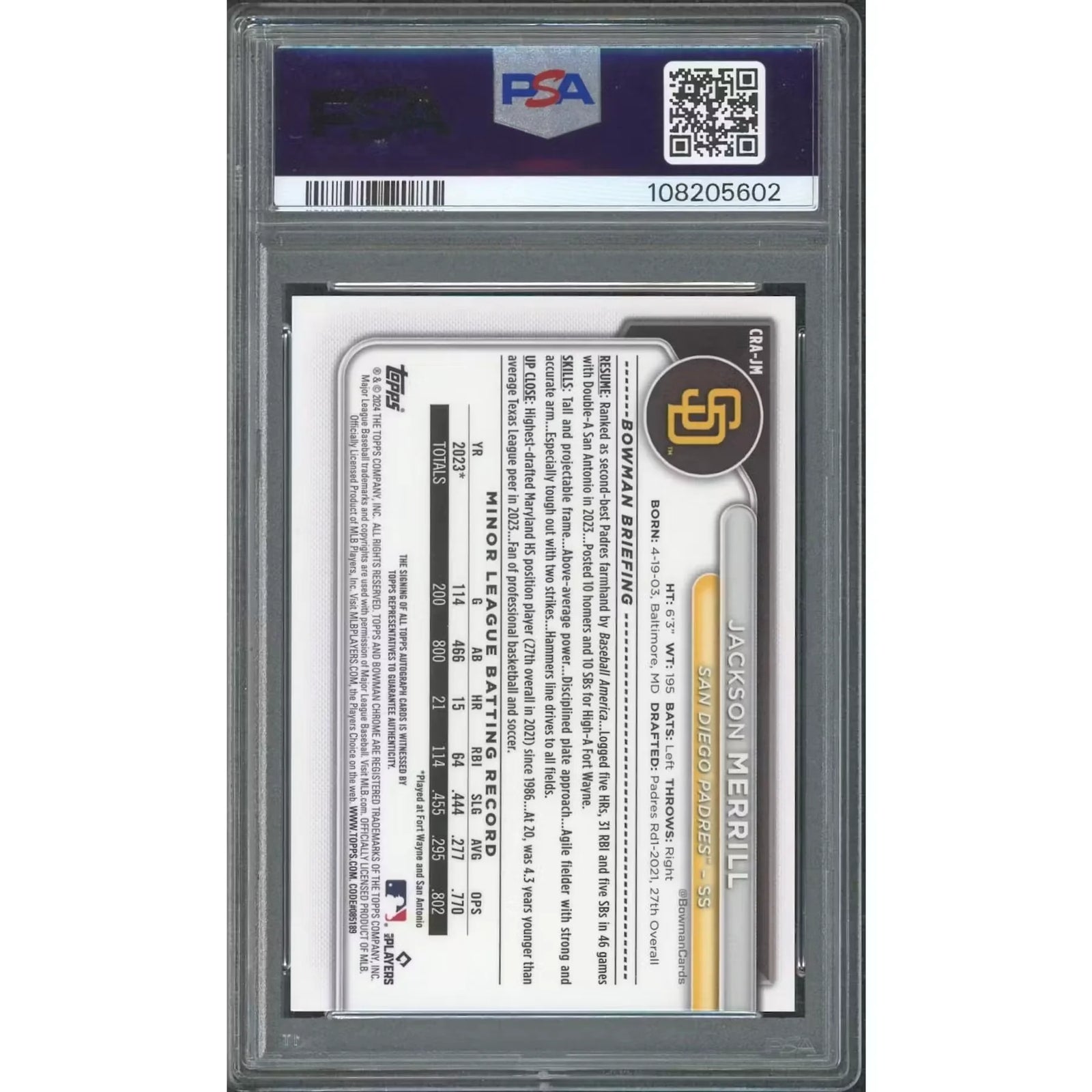 Jackson Merrill 2024 Bowman Chrome Orange Rookie Auto | PSA 10