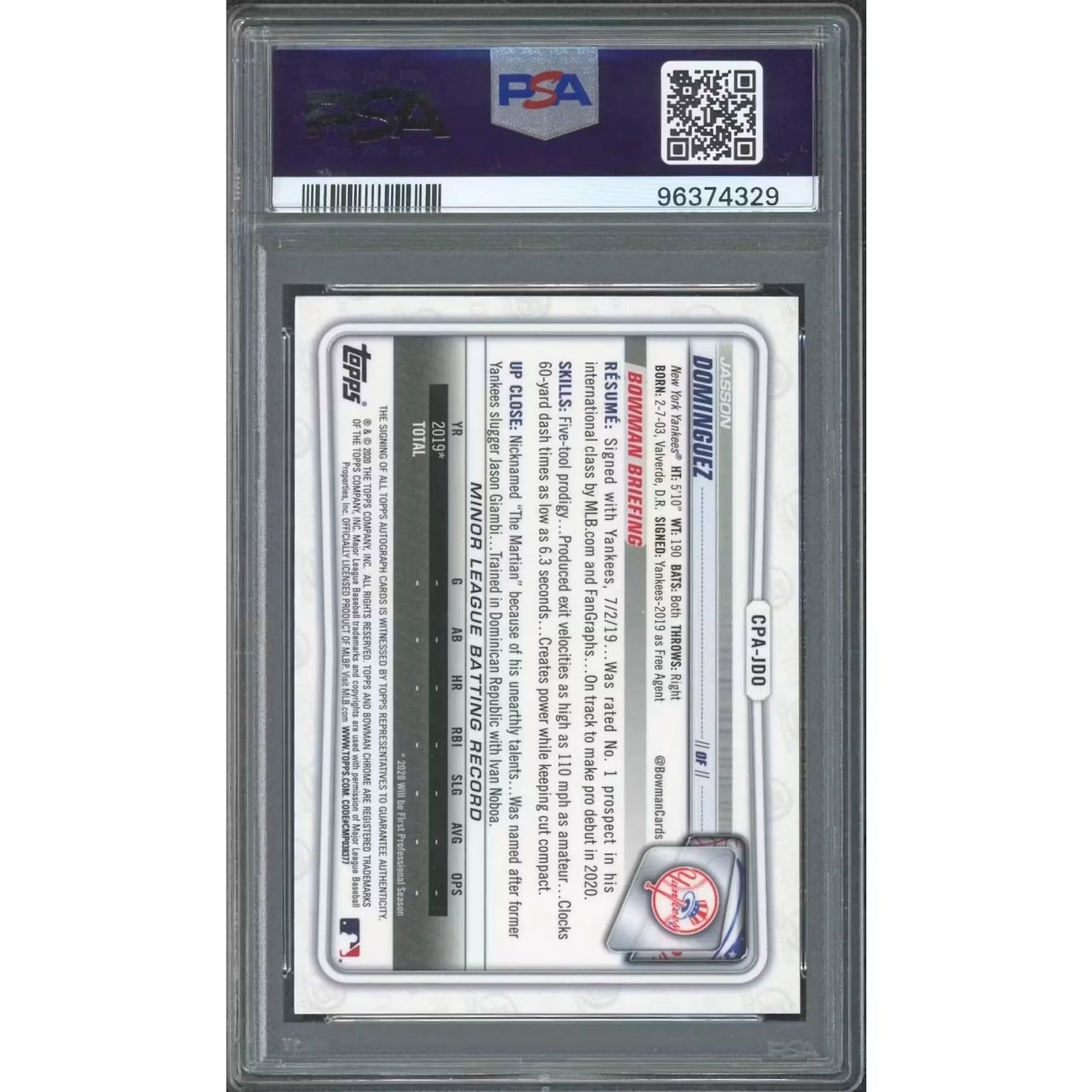 Jasson Dominguez Signed 2020 Bowman Chrome Card | Atomic Refractor PSA 10