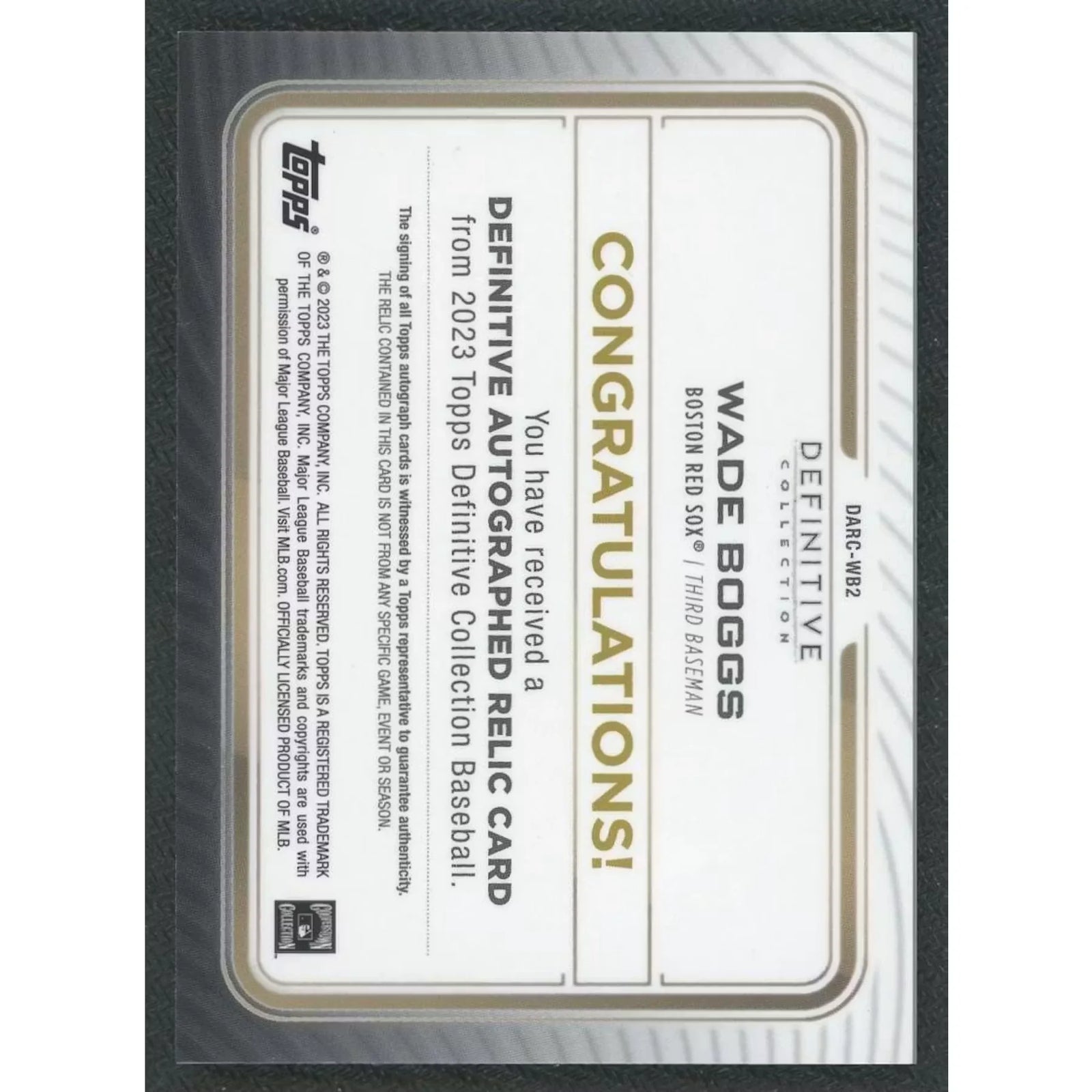 Wade Boggs Signed 2023 Topps Definitive Card | Red Auto Patch 1/1