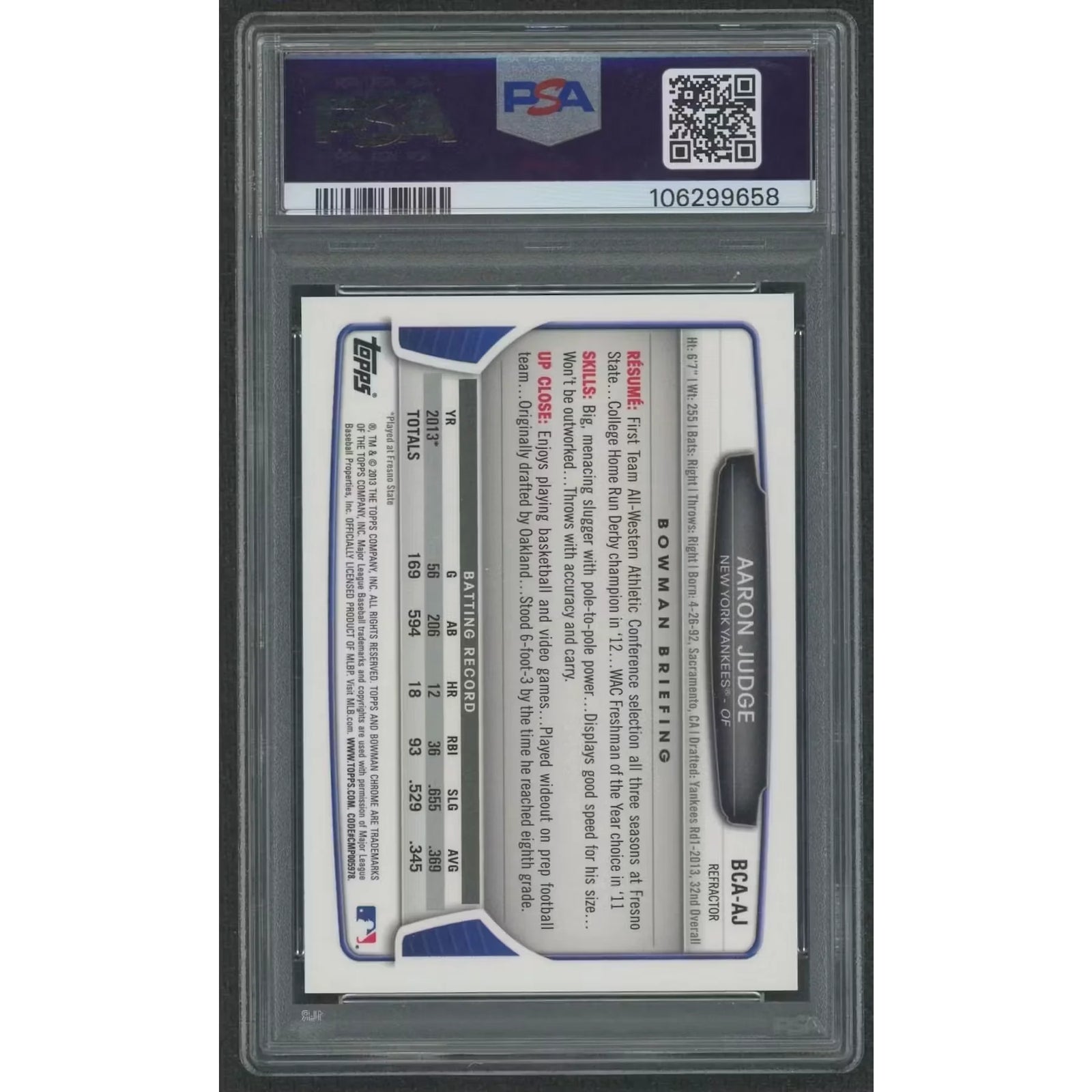 Aaron Judge 2013 Bowman Chrome Draft Refractor Auto | PSA 10