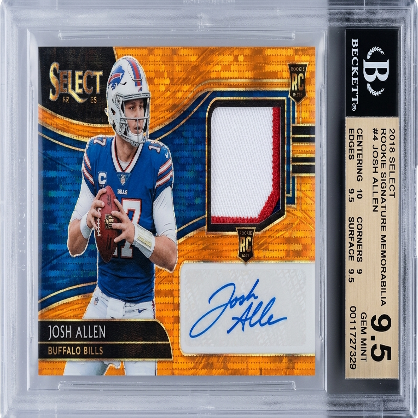 Josh Allen 2018 Panini Select Orange Pulsar Rookie Patch Auto | BGS 9.5