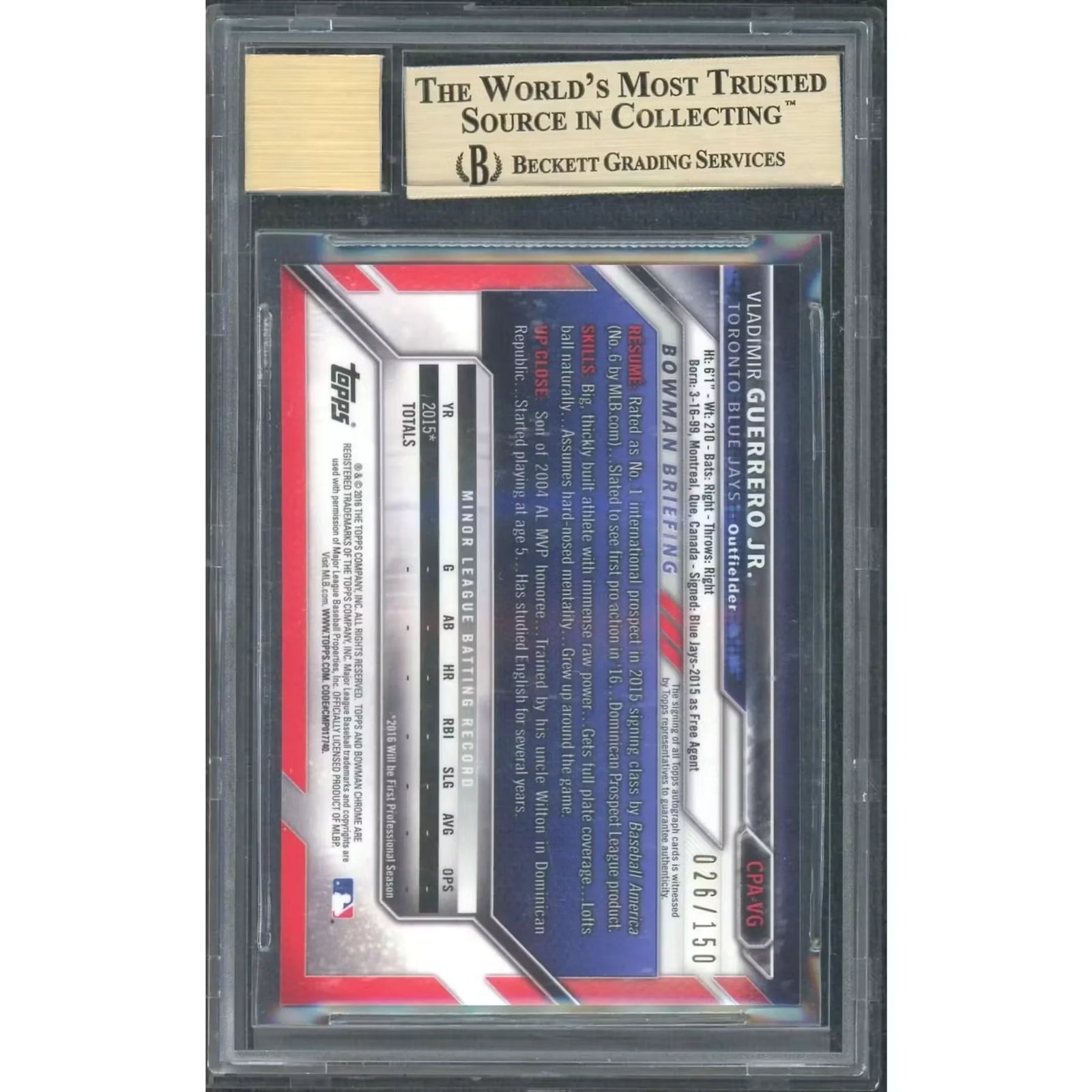 Vladimir Guerrero Jr. 2016 Bowman Chrome 1st Autograph | Blue/150 BGS 9.5