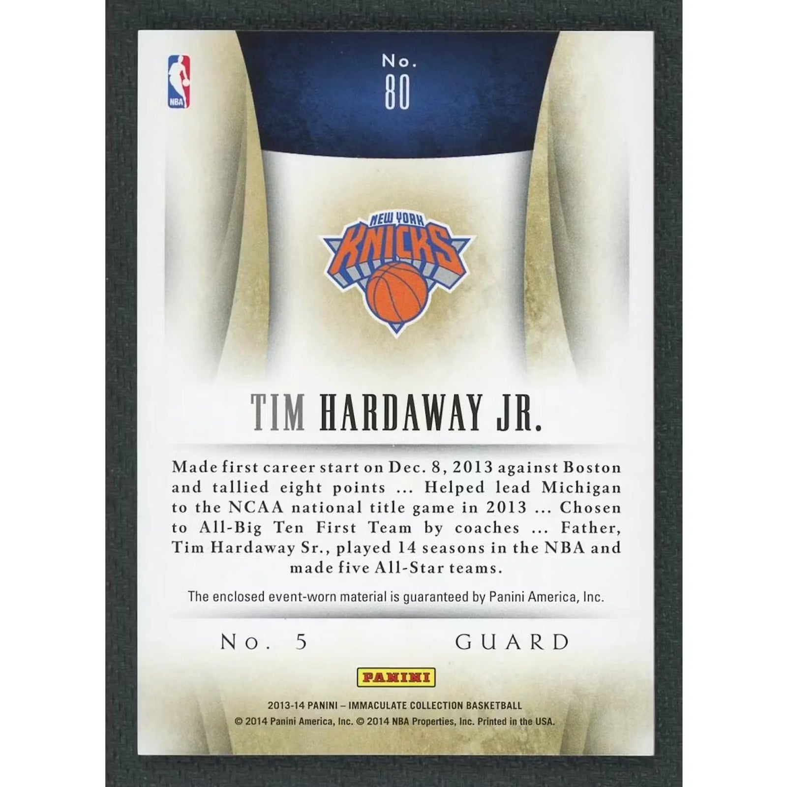 2013-14 Panini Immaculate Tim Hardaway Jr. Rookie Patches/5 #80 Jumbo