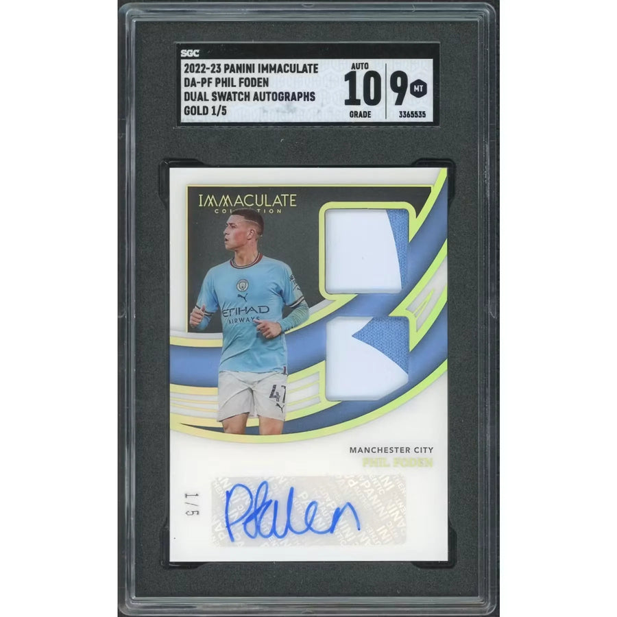 Phil Foden Signed Dual Swatch Card | 2022-23 Immaculate Gold/5 SGC 9