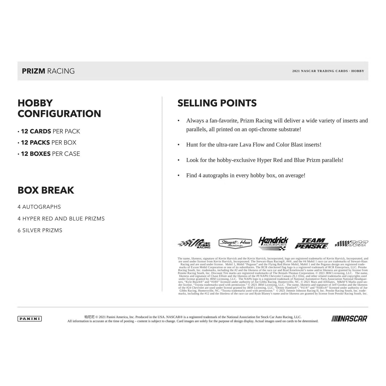 2021 Panini Prizm Racing Hobby Box (Ships Sealed Only)