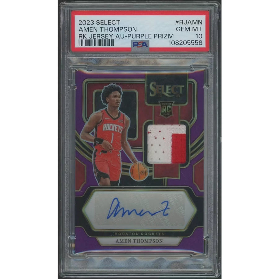 Amen Thompson Signed 2023-24 Panini Select #73 Card | Purple Prizm Rookie Patch Auto PSA 1