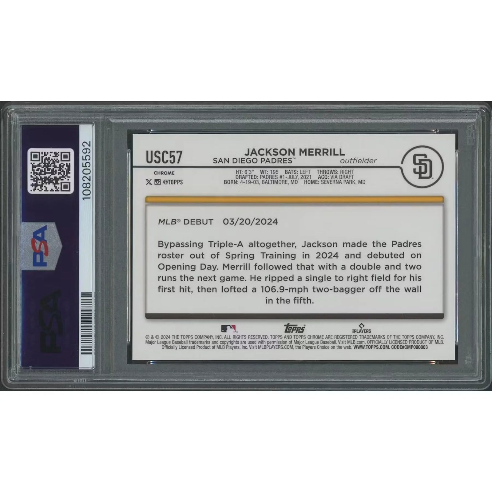 Jackson Merrill 2024 Topps Chrome Update Frozenfractor Rookie Card | PSA 10 Gem Mint