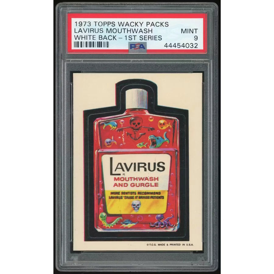 1973 Topps Wacky Packages Lavirus Mouthwash | 1st Series White Back PSA 9