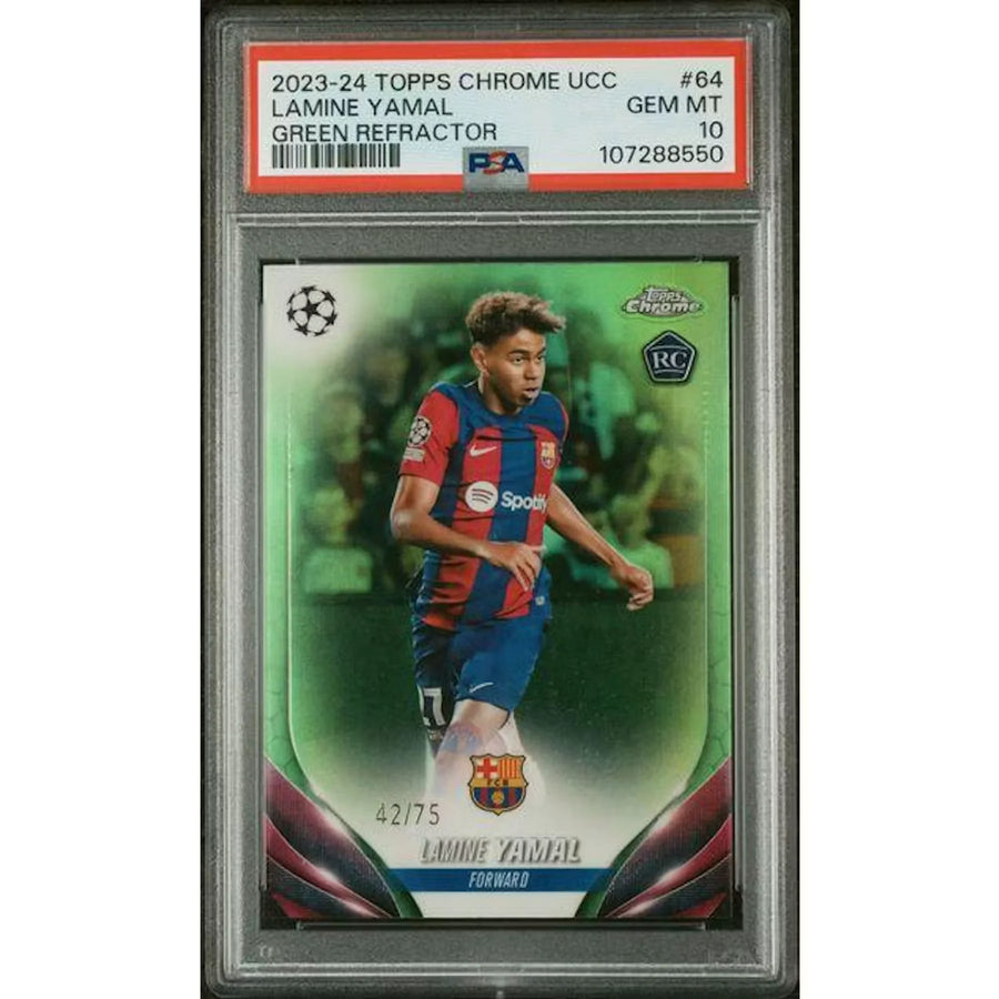 Lamine Yamal 2023-24 Topps Chrome UCC Rookie Card | Green Refractor/75 PSA 10