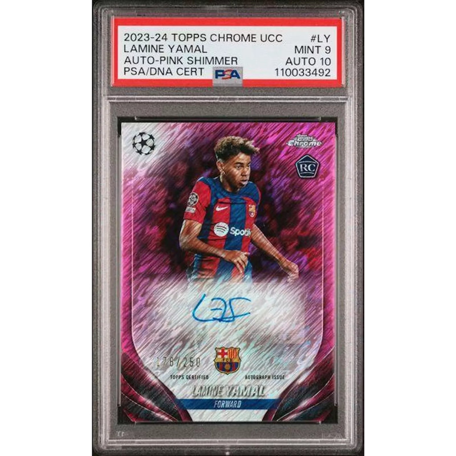 Lamine Yamal Signed 2023-24 Topps Chrome Card | Pink Shimmer Auto PSA 9