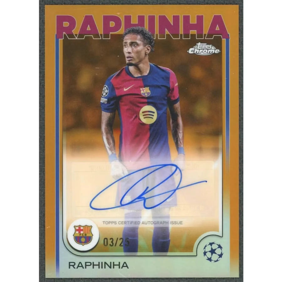 Raphinha Signed 2024-25 Topps Chrome UEFA Card | Orange Auto 3/25
